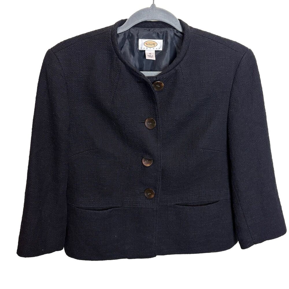 Talbots Petites Woven Tweed Blazer Womens Size 10 Black Collarless Suit Jacket